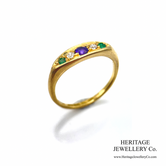 Antique Suffragette Amethyst, Diamond and Emerald Ring