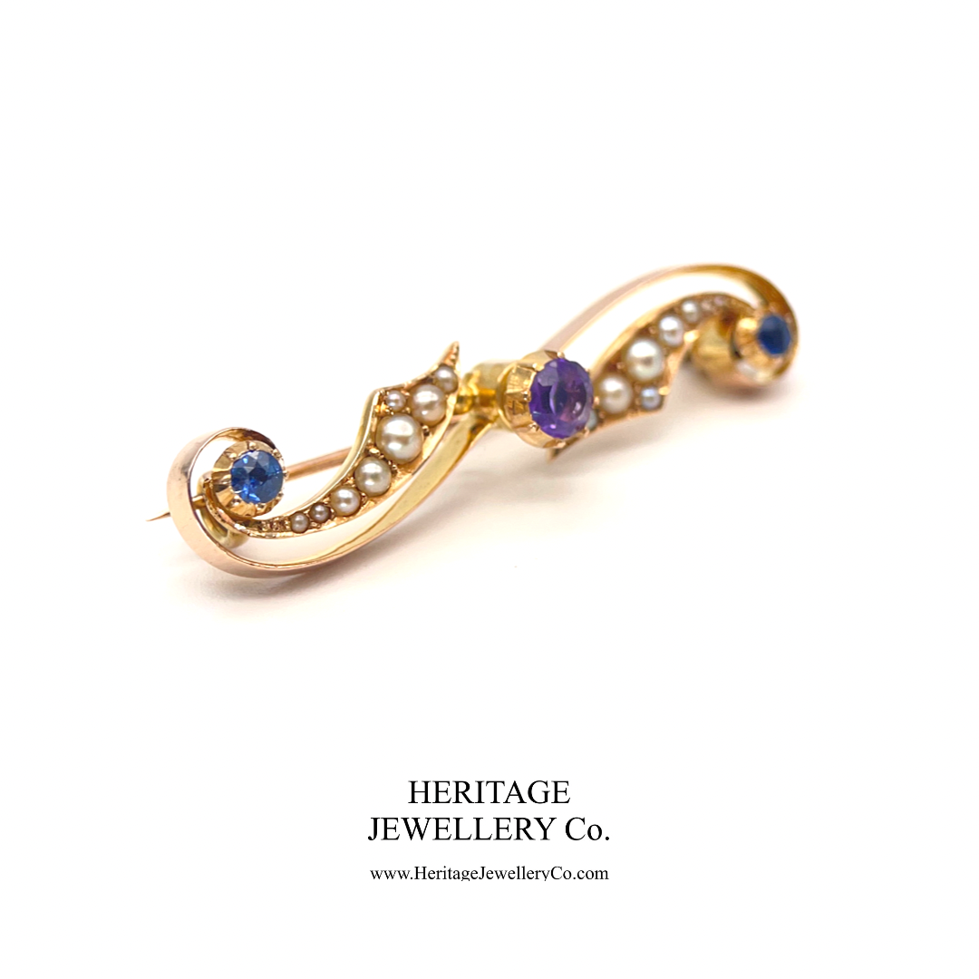 Edwardian Amethyst, Sapphire and Pearl Brooch (18ct gold)