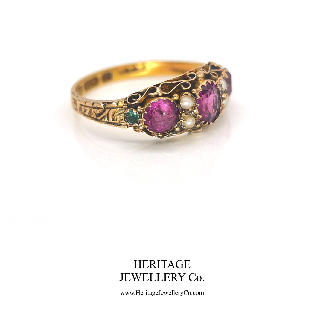 Victorian Garnet, Emerald & Pearl Ring (15ct gold; c.1876)
