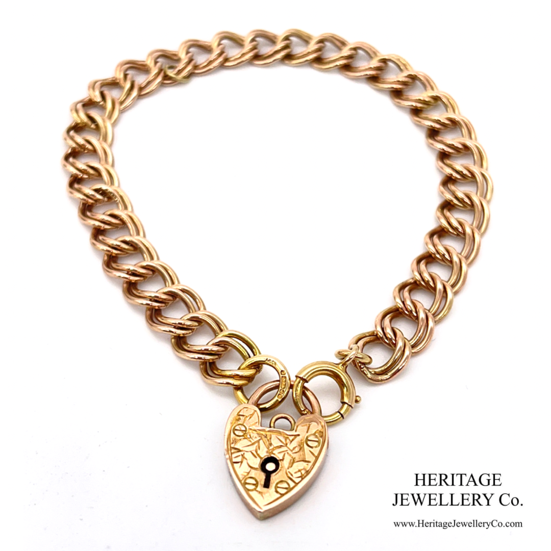 Antique Gold Double Curb Bracelet with Heart Padlock (13.8g 9ct gold)