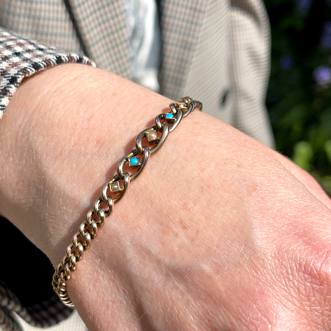 Antique Turquoise & Pearl Curb Bracelet
