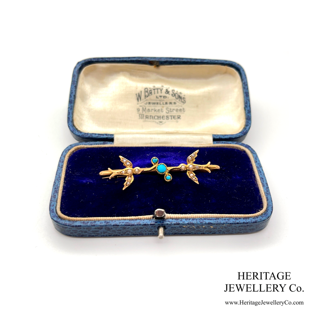 Victorian Turquoise and Pearl Lovebirds Brooch (15ct gold)