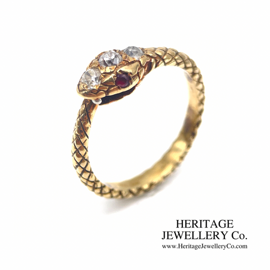 Antique Old Cut Diamond and Ruby Snake Ring
