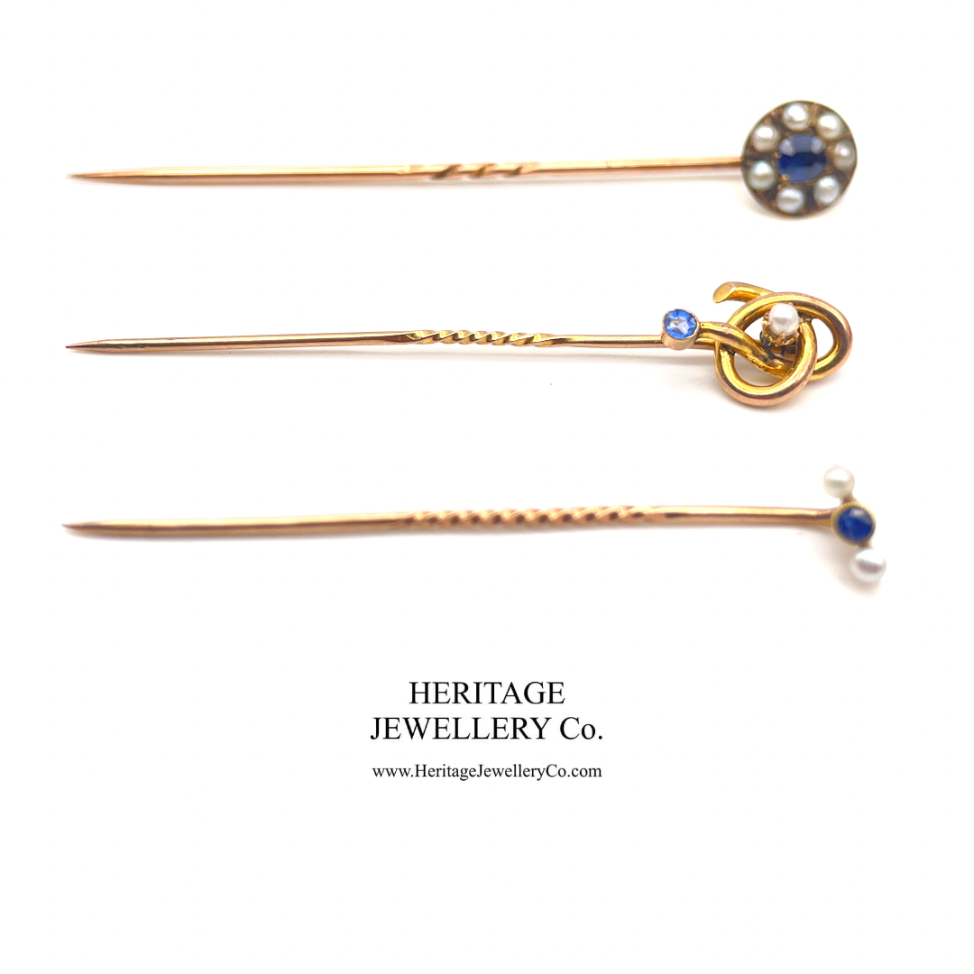 Antique Sapphire & Pearl Lapel / Tie Stick Pin with Antique Box