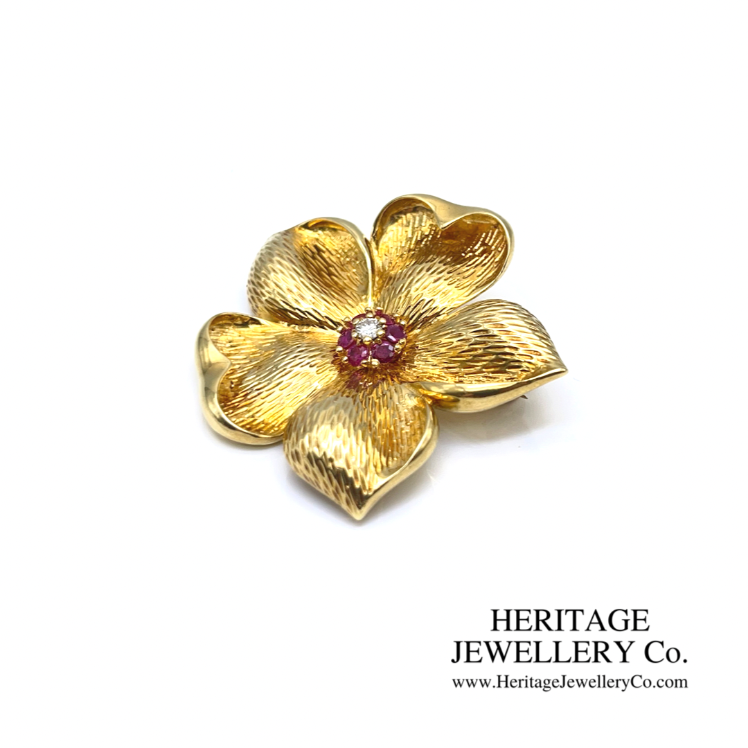 RESERVED - Ruby and Diamond Flower Brooch by Tiffany & Co.