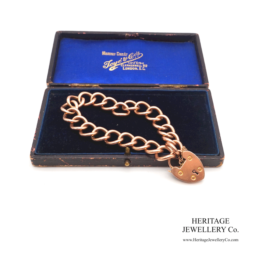 Antique Rose Gold Curb Link Bracelet with Heart Padlock (c.1900)