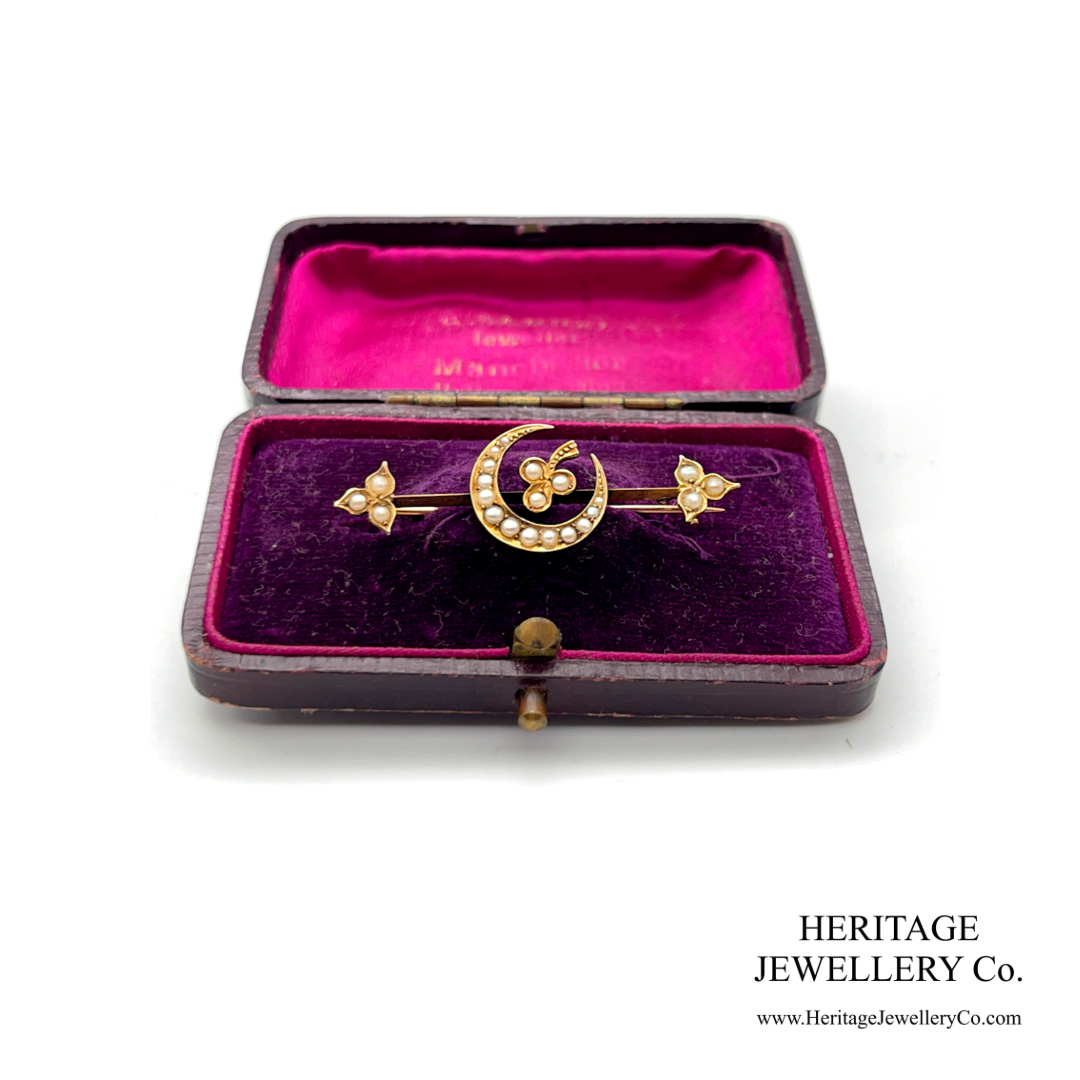 Antique Pearl and Gold Crescent Brooch (15ct; c.1880)