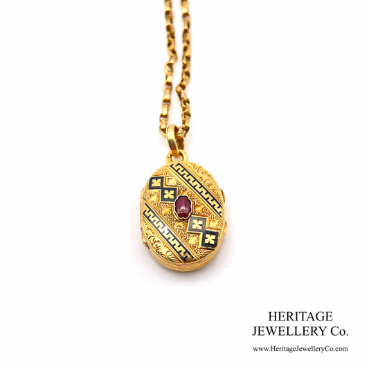 Antique French Gold, Garnet and Enamel Locket (18ct gold)