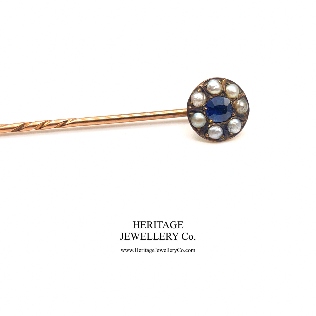 Antique Sapphire & Pearl Lapel / Tie Stick Pin with Antique Box