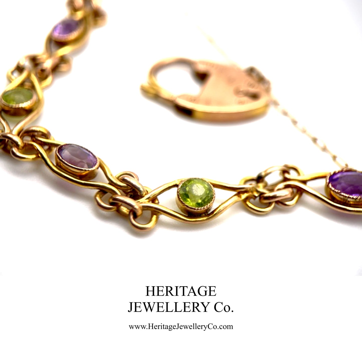 Antique Suffragette Bracelet with Peridot and Amethyst with Heart Padlock
