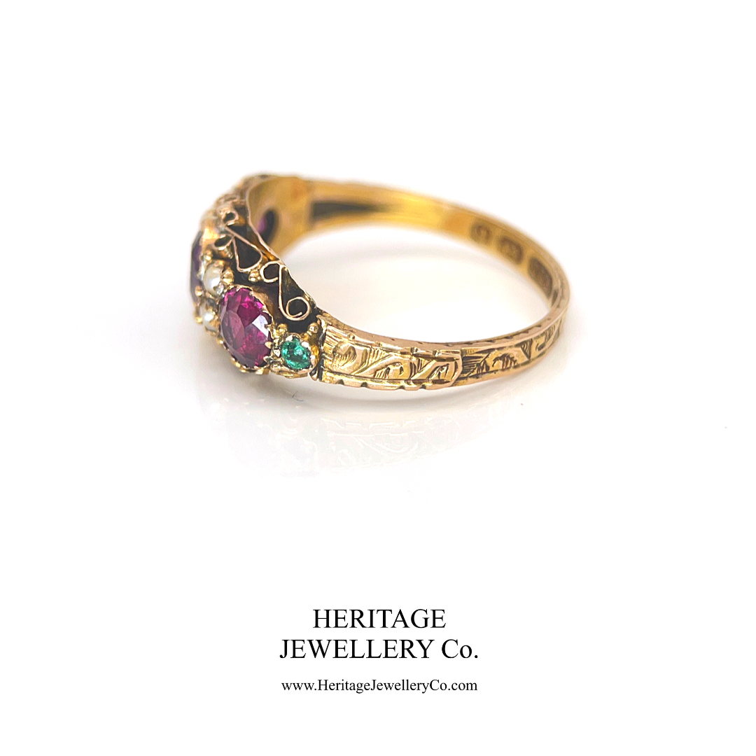Victorian Garnet, Emerald & Pearl Ring (15ct gold; c.1876)