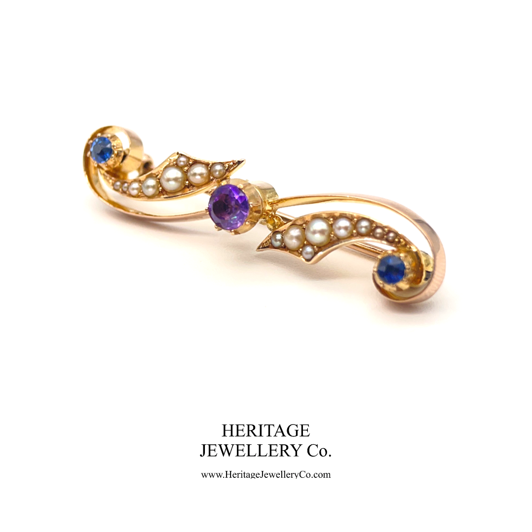 Edwardian Amethyst, Sapphire and Pearl Brooch (18ct gold)