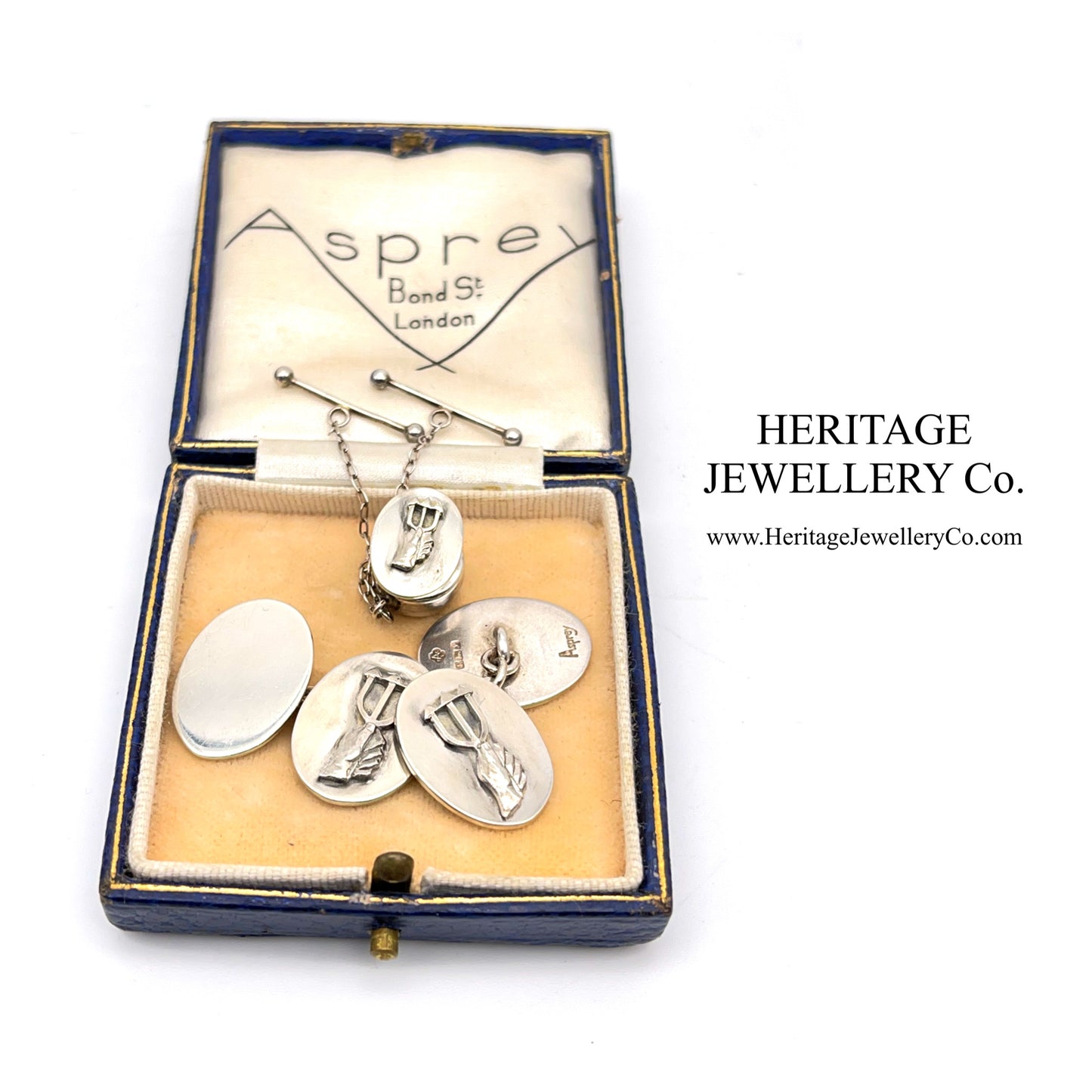 Vintage Asprey Silver Cufflinks and Tie Pin Set (Boxed)