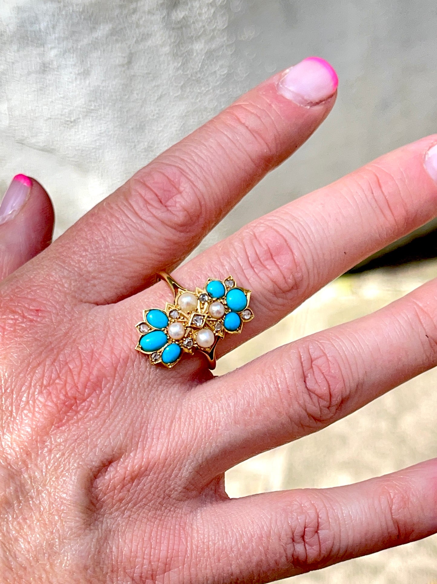 Antique Turquoise, Diamond and Pearl Ring