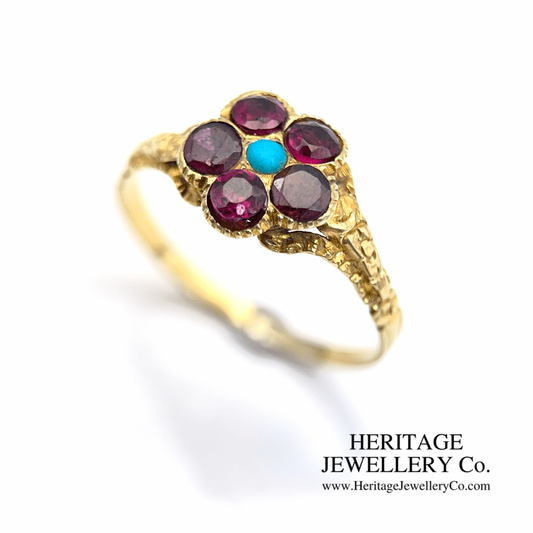 Antique Garnet and Turquoise Flower Ring