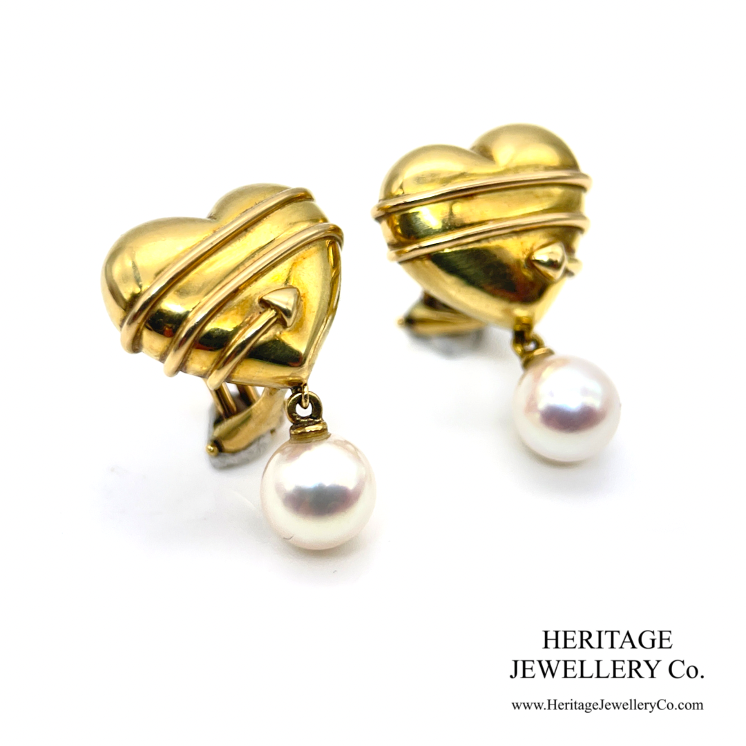 Vintage Tiffany & Co Cupid Arrow Heart Earrings with Pearl Drops