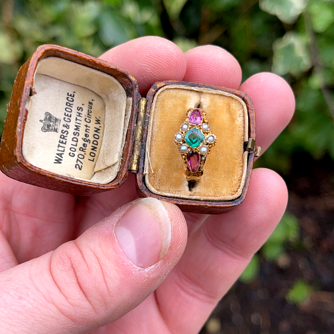 Victorian Emerald, Garnet and Pearl Ring (c.1874; 15ct)