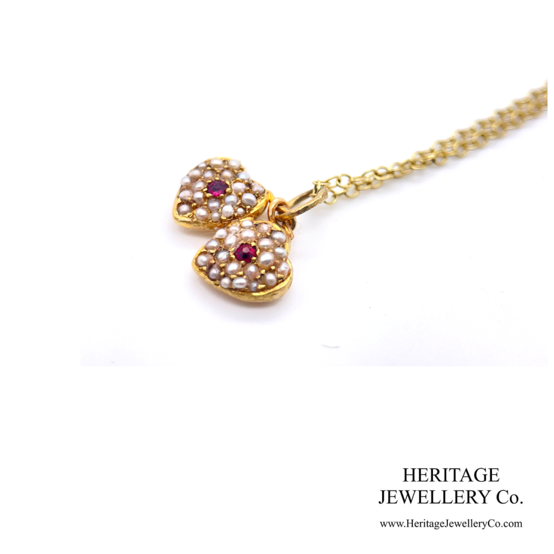 Edwardian Ruby and Pearl Double Heart Pendant