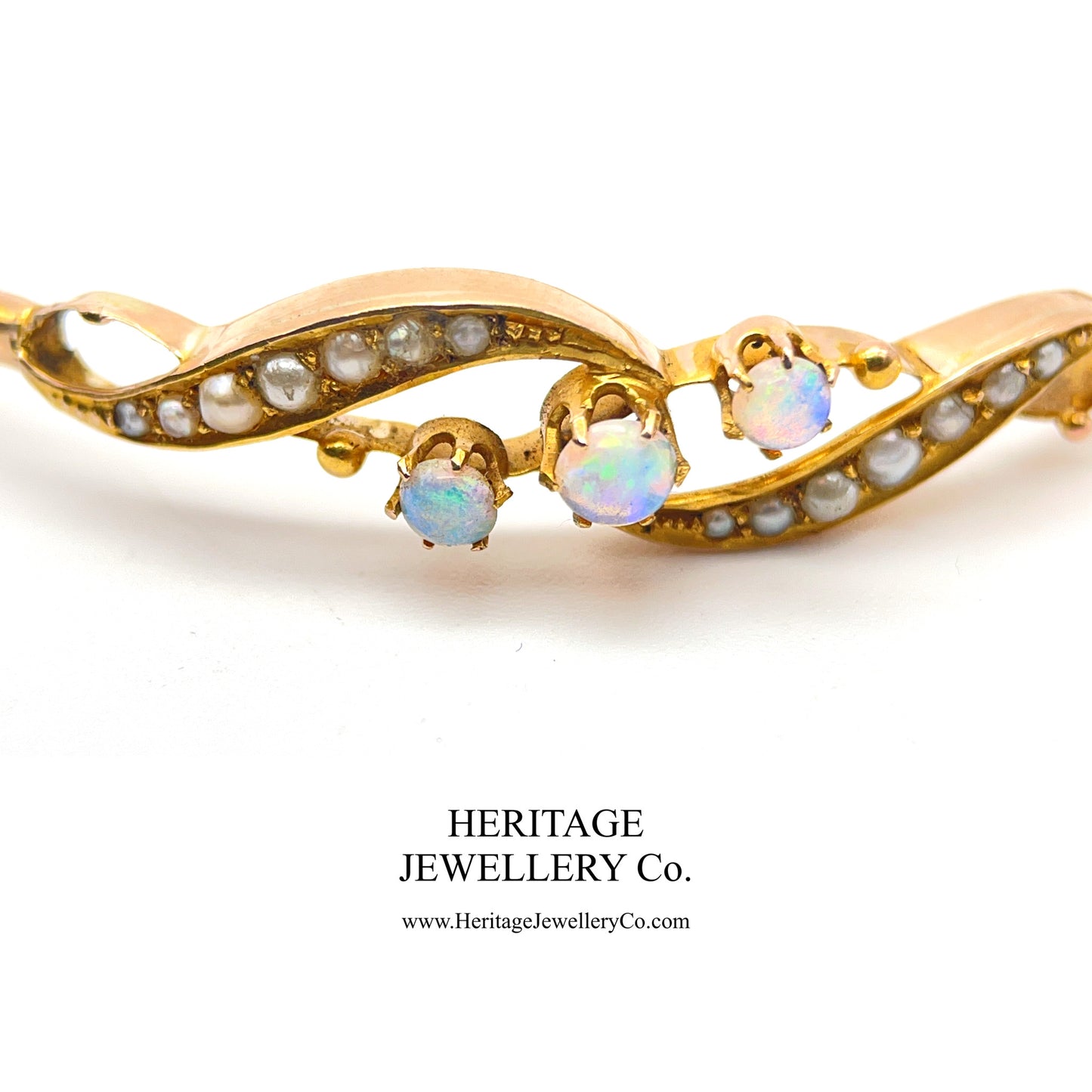 Antique Opal & Pearl Bangle Bracelet (c. 1890; 9ct gold) with Antique Bangle Box